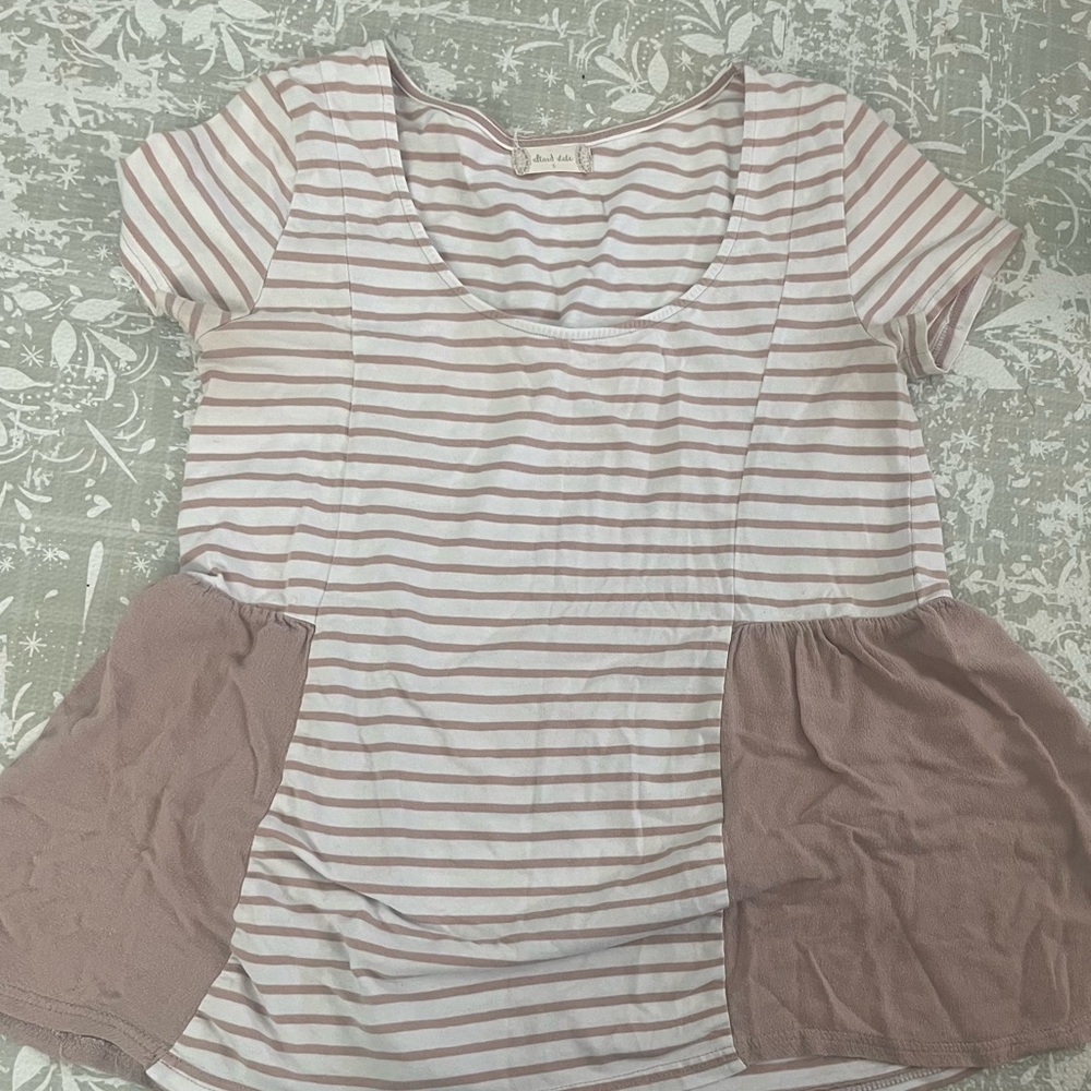 Altar'd State Tan and White Striped Feminine Boheme Short Sleeve Top